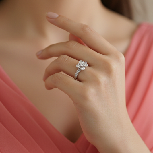 Sculpted Quintet Petal Bloom Scattered Diamond Floral