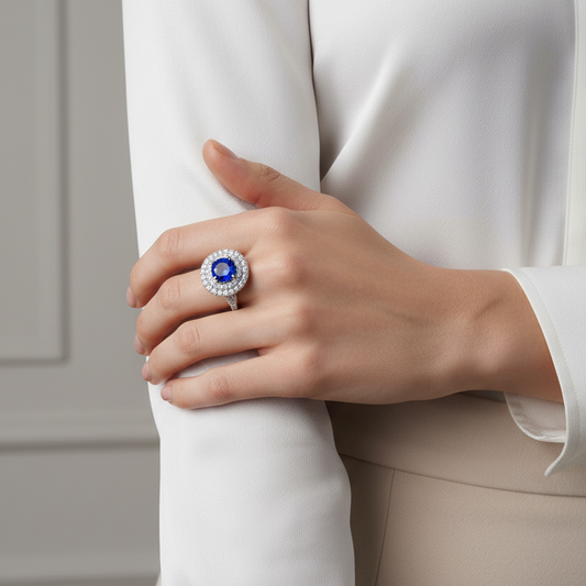 Round Cut Sapphire With Double Halo