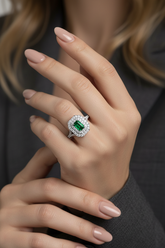 Emerald Cut Emerald With Double Halo