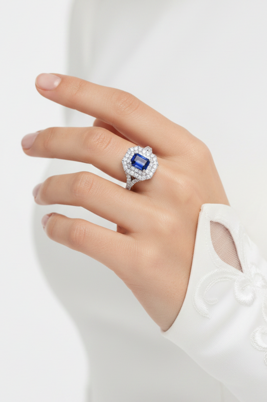 Emerald Cut Sapphire With Double Halo