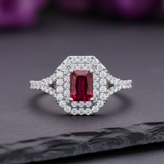 Emerald Cut Ruby With Double Halo