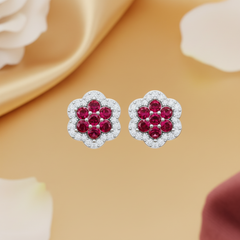 Brilliant Cut Ruby & Diamond Floral Cluster Studs Earring