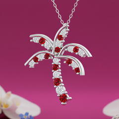 Tropical Palm Tree With Ruby Stone And Diamond Necklace with Chain