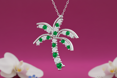 Tropical Palm Tree With Emerald Stone And Diamond Necklace with Chain