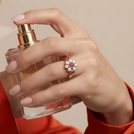 Ruby Bezel-Accented Floral Cluster Diamond