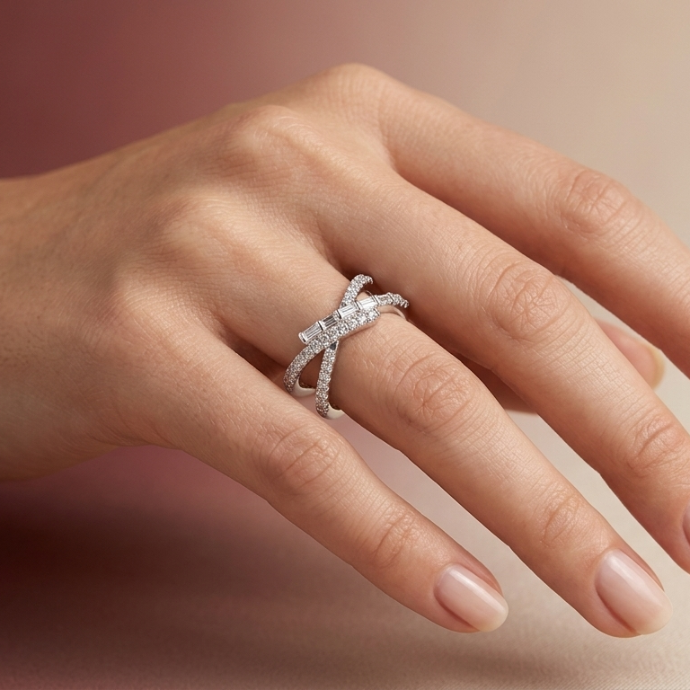 Interlaced Overlapping Baguette & Round Diamond Crossover Twist