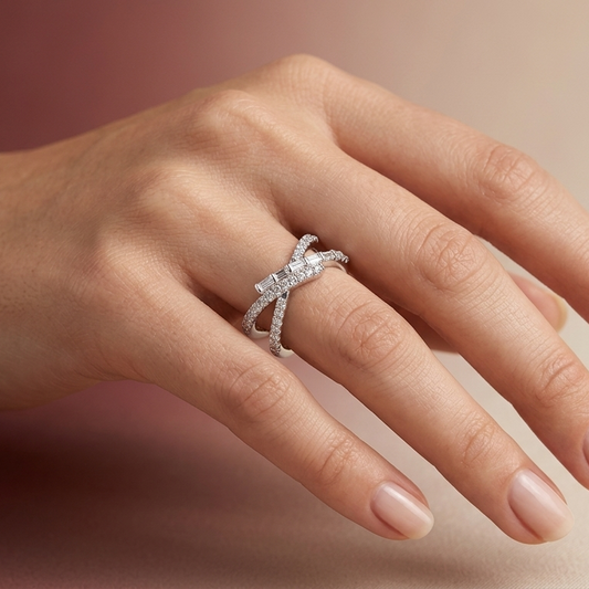Interlaced Overlapping Baguette & Round Diamond Crossover Twist
