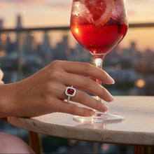 Load image into Gallery viewer, Opulent Ruby Emerald Cut Halo Diamond Crimson Precious Regal Passionate