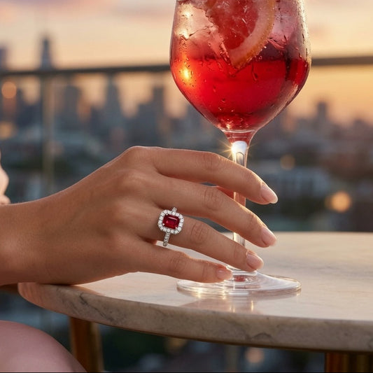 Opulent Ruby Emerald Cut Halo Diamond Crimson Precious Regal Passionate