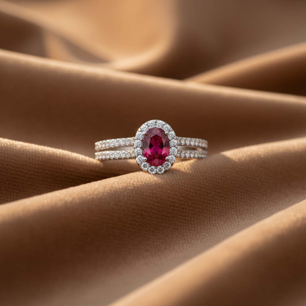 Oval Ruby Gemstone Diamond Opulent Halo Solitaire