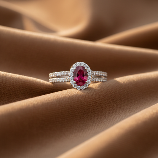Oval Ruby Gemstone Diamond Opulent Halo Solitaire