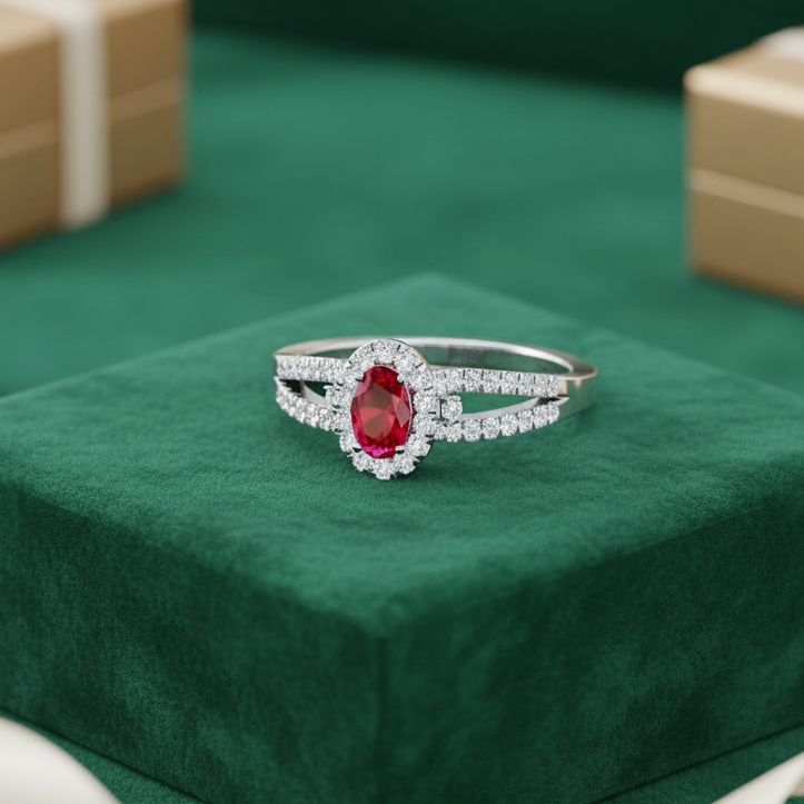 Oval Ruby Gemstone Micro Diamond Sparkle Halo