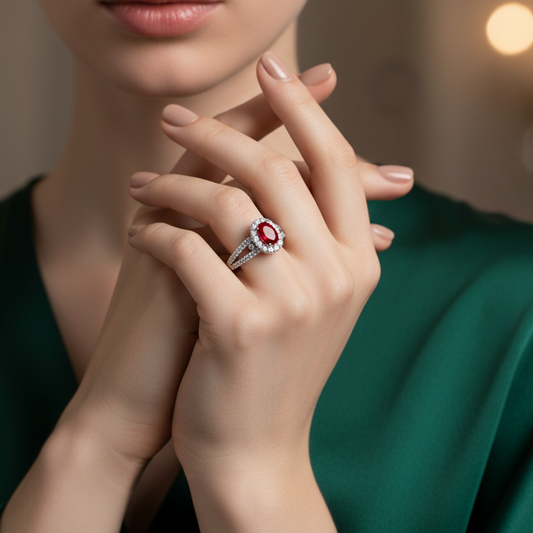 Oval Ruby Gemstone Micro Diamond Sparkle Halo