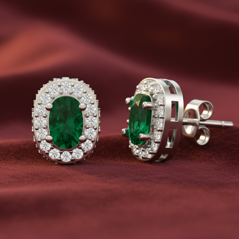 Precious Oval Emerald Natural Diamond Forest Halo Solitaire