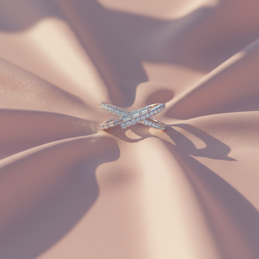 Interlaced Overlapping Baguette & Round Diamond Crossover Twist