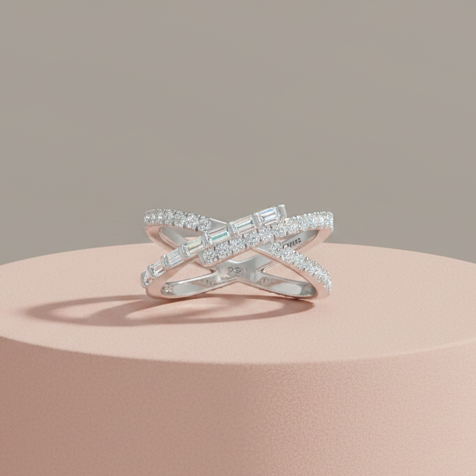 Interlaced Overlapping Baguette & Round Diamond Crossover Twist