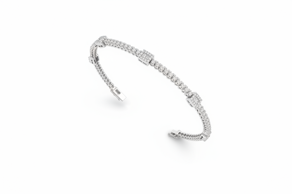 Art Deco Inspired Baguette & Round Diamond Cuff Bracelet