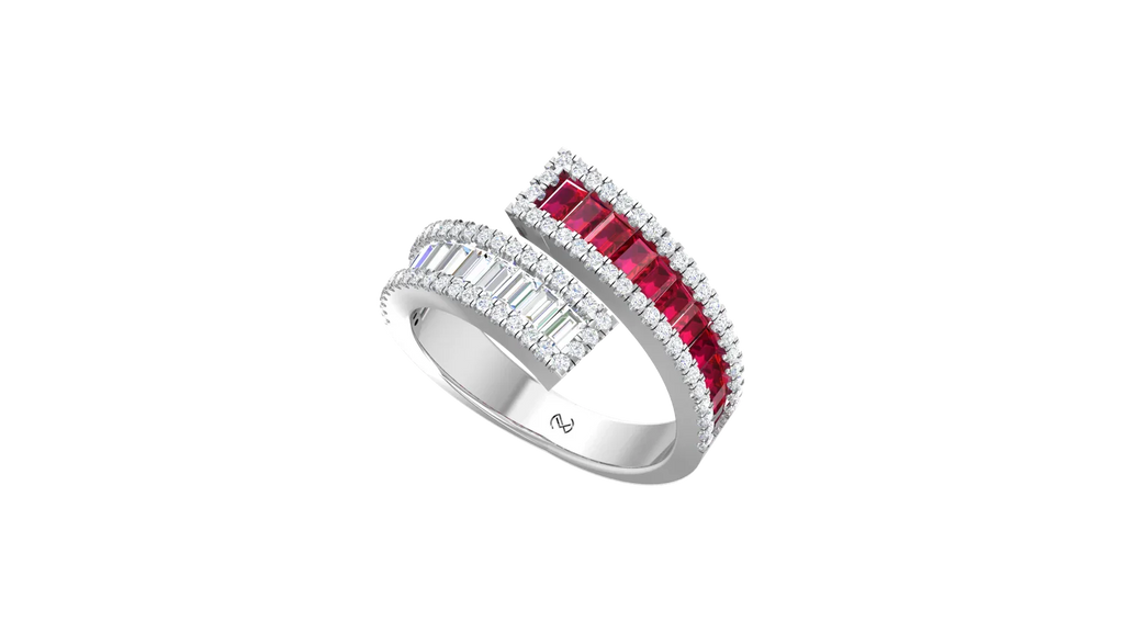 Conjoined Twin Band Ruby And Diamond Dual-Shank Scintillating