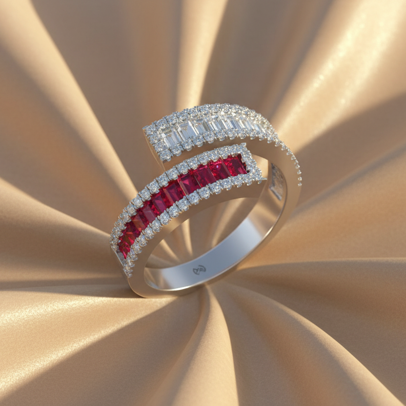 Conjoined Twin Band Ruby And Diamond Dual-Shank Scintillating
