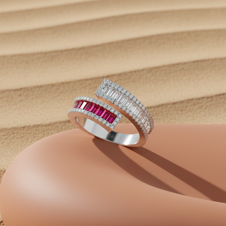 Conjoined Twin Band Ruby And Diamond Dual-Shank Scintillating