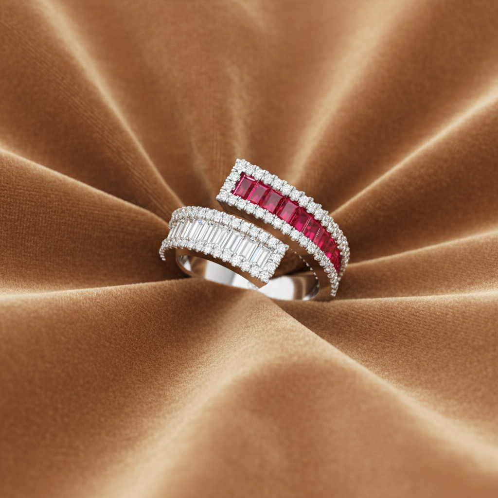 Conjoined Twin Band Ruby And Diamond Dual-Shank Scintillating