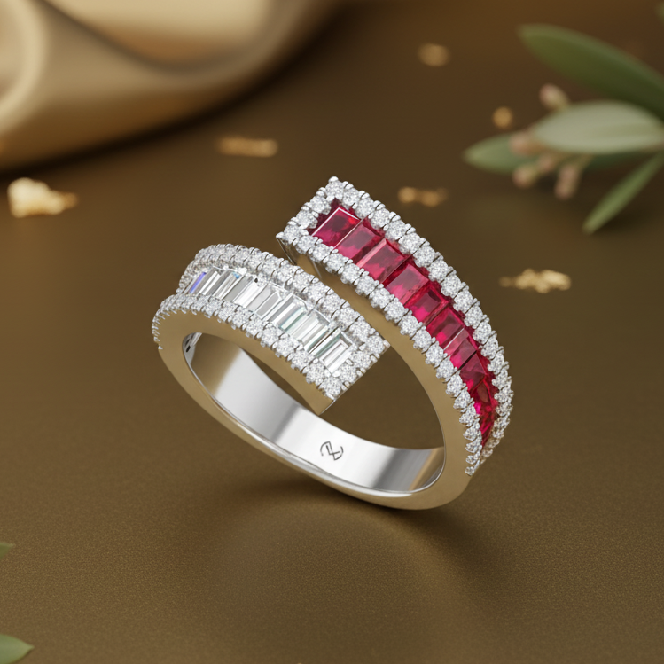 Conjoined Twin Band Ruby And Diamond Dual-Shank Scintillating