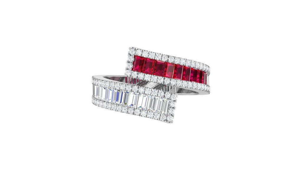 Conjoined Twin Band Ruby And Diamond Dual-Shank Scintillating