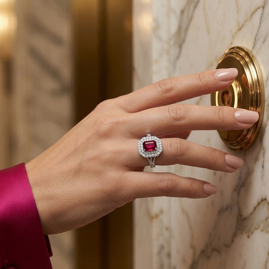 Emerald Cut Ruby With Double Halo