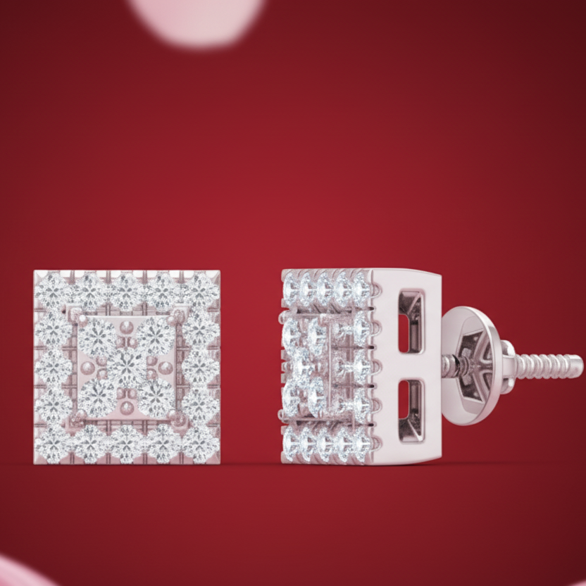 Square Diamond Illusion Stud Earrings with Double Halo