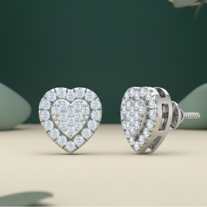Heart Shaped Diamond Double Halo Stud Earrings