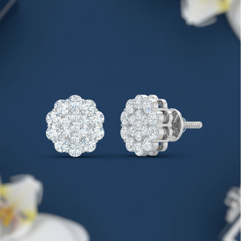 Brilliant Diamond Cluster Flower Stud Earrings