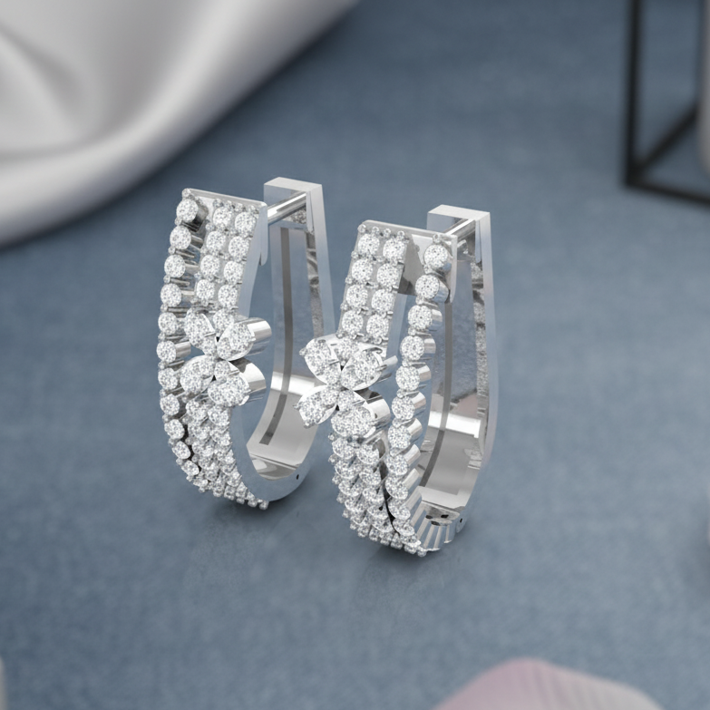 Diamond Double Row U-Shape Hoops Floral Earrings