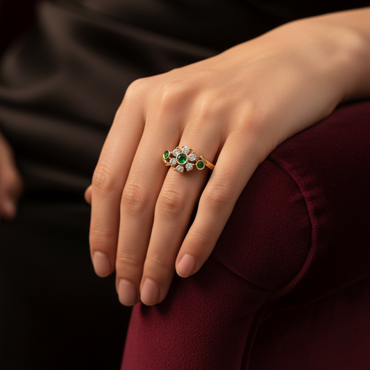 Emerald Bezel-Accented Floral Cluster Diamond
