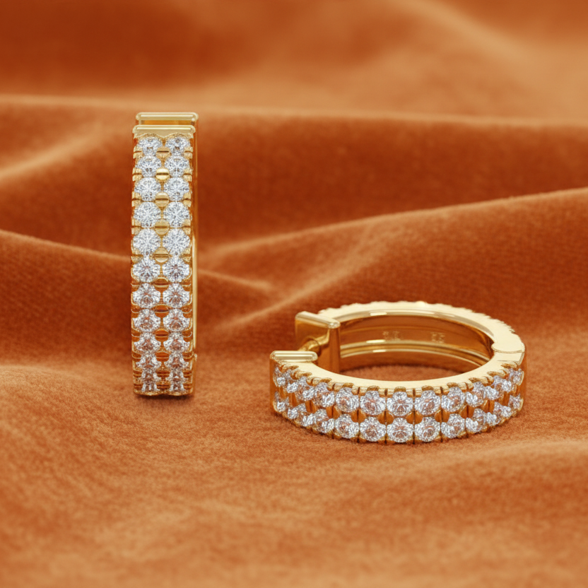 Two Row Diamond Huggie Hoop Earrings