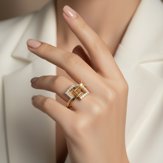 Sleek Dual Square Frame Chain-Link Diamond Encrusted Geometric