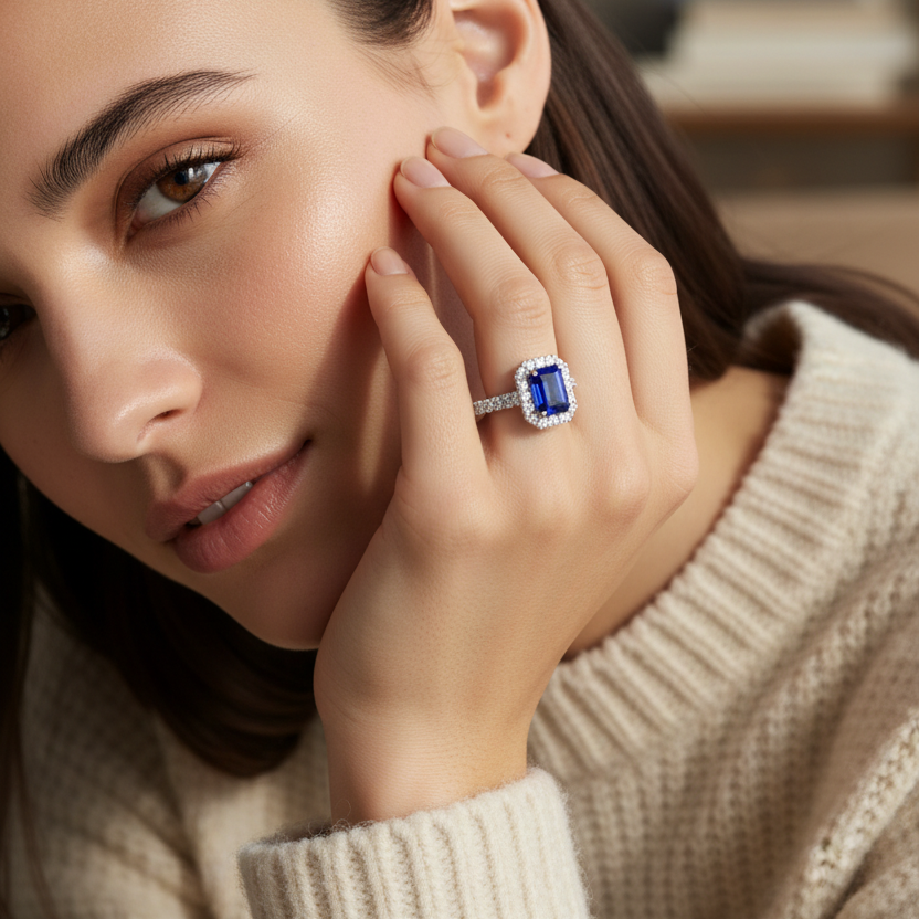 Emerald Cut Sapphire With Diamonds Halo Precious Regal Passionate Step-Cut