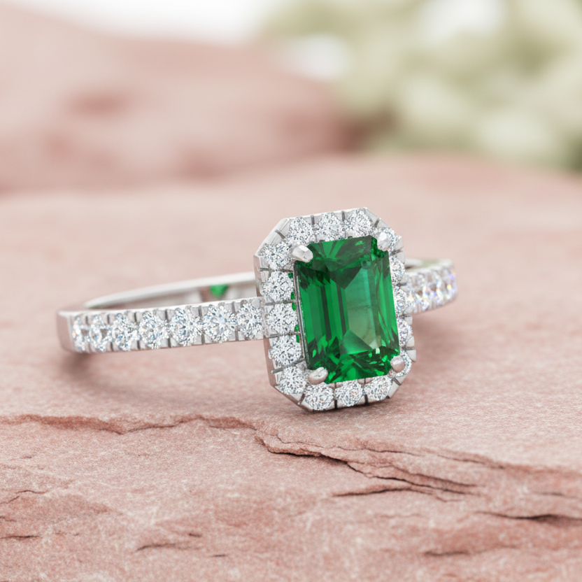 Opulent Emerald Cut Halo Diamond Crimson Precious Regal Passionate