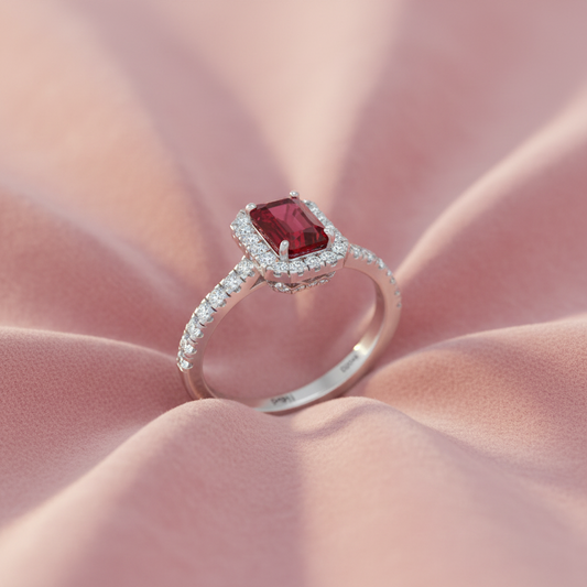 Opulent Ruby Emerald Cut Halo Diamond Crimson Precious Regal Passionate
