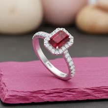 Load image into Gallery viewer, Opulent Ruby Emerald Cut Halo Diamond Crimson Precious Regal Passionate