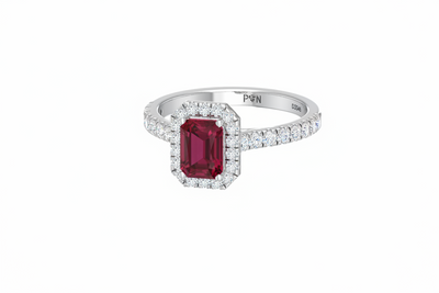 Opulent Ruby Emerald Cut Halo Diamond Crimson Precious Regal Passionate