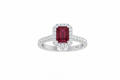 Opulent Ruby Emerald Cut Halo Diamond Crimson Precious Regal Passionate