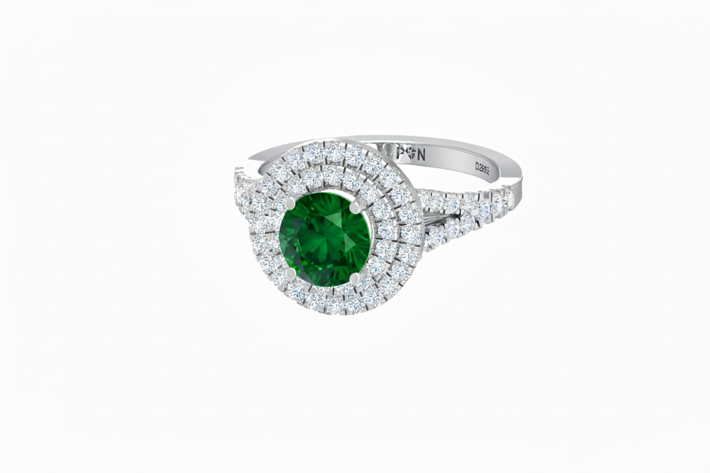 Round Cut Emerald With Double Halo