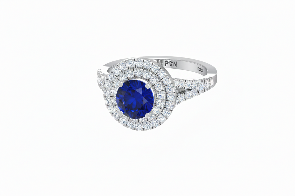 Round Cut Sapphire With Double Halo