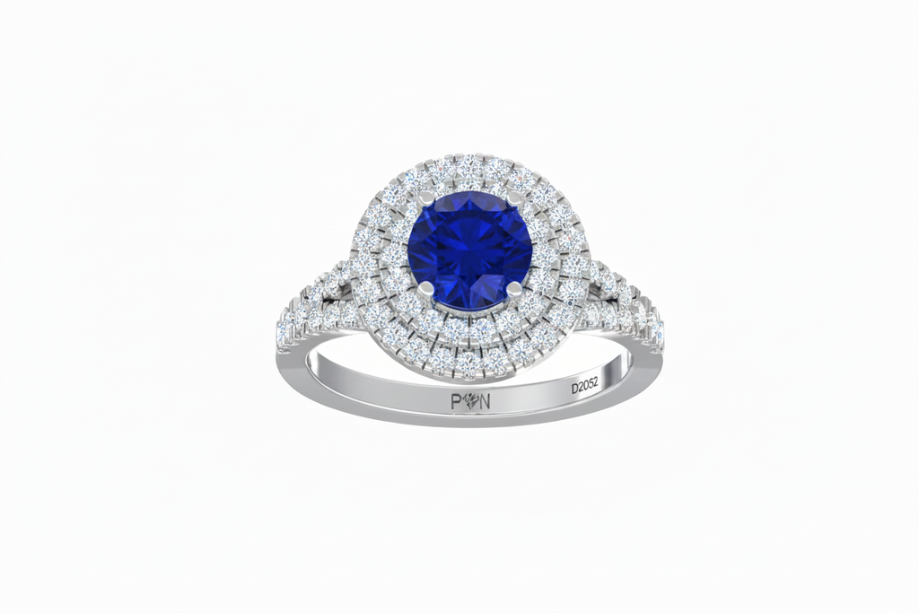 Round Cut Sapphire With Double Halo