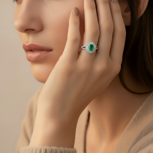 Round Cut Emerald With Double Halo