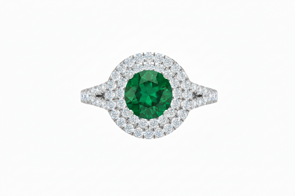 Round Cut Emerald With Double Halo