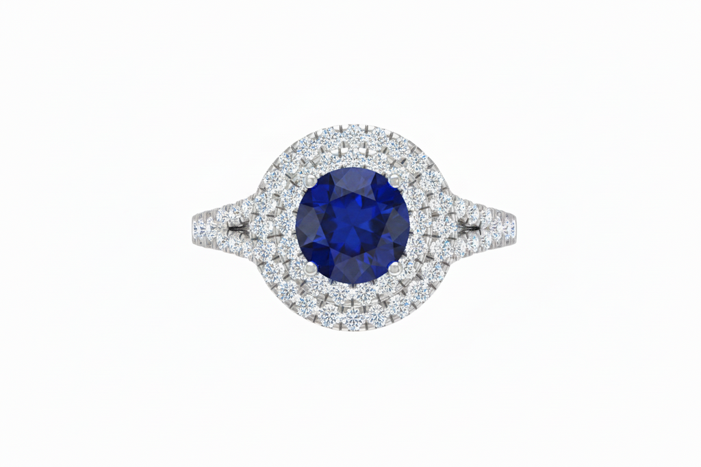 Round Cut Sapphire With Double Halo