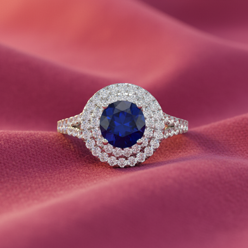Round Cut Sapphire With Double Halo