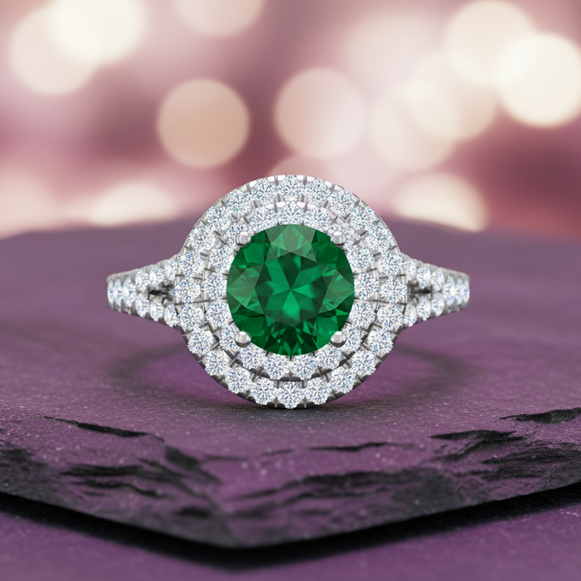 Round Cut Emerald With Double Halo