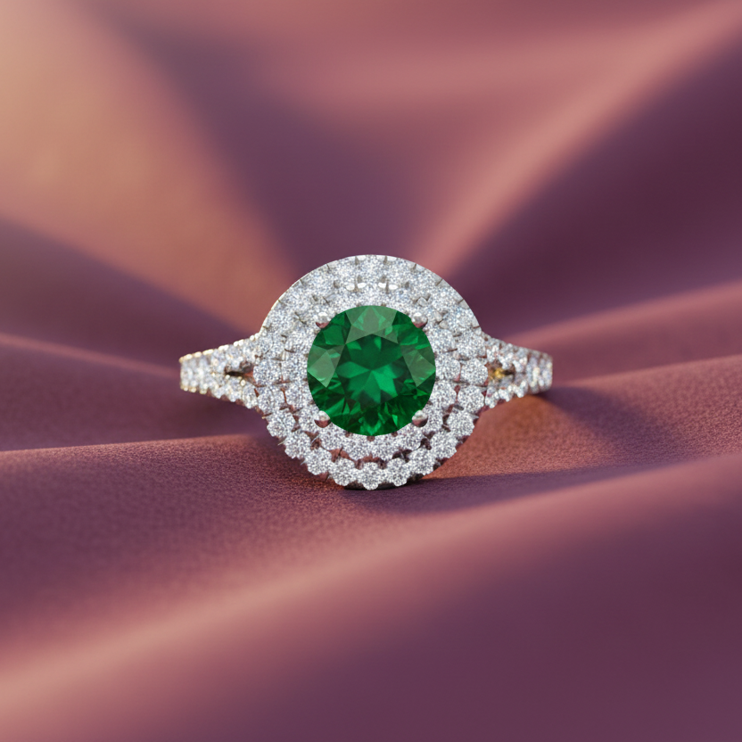 Round Cut Emerald With Double Halo